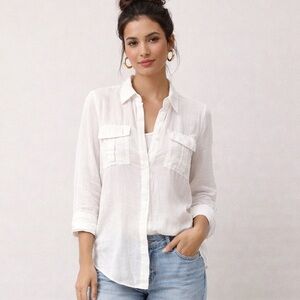 Theory White Semi-Sheer Ramie Utility Blouse | Size P/S
